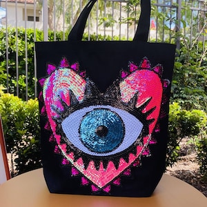 Evil Eye Canvas Tote für Frauen, Pailletten Herz Patch, Schultergurt, Schwere Canvas Strandtasche, Zwickel Tasche, Alltagstasche, Geschenk für sie