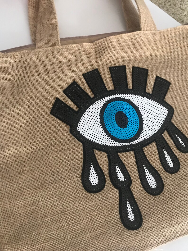thumbnail image 2 of Evil Eye Tote Bag With Zipper - Waterproof Jute Beach Bag For Women 2 of 12