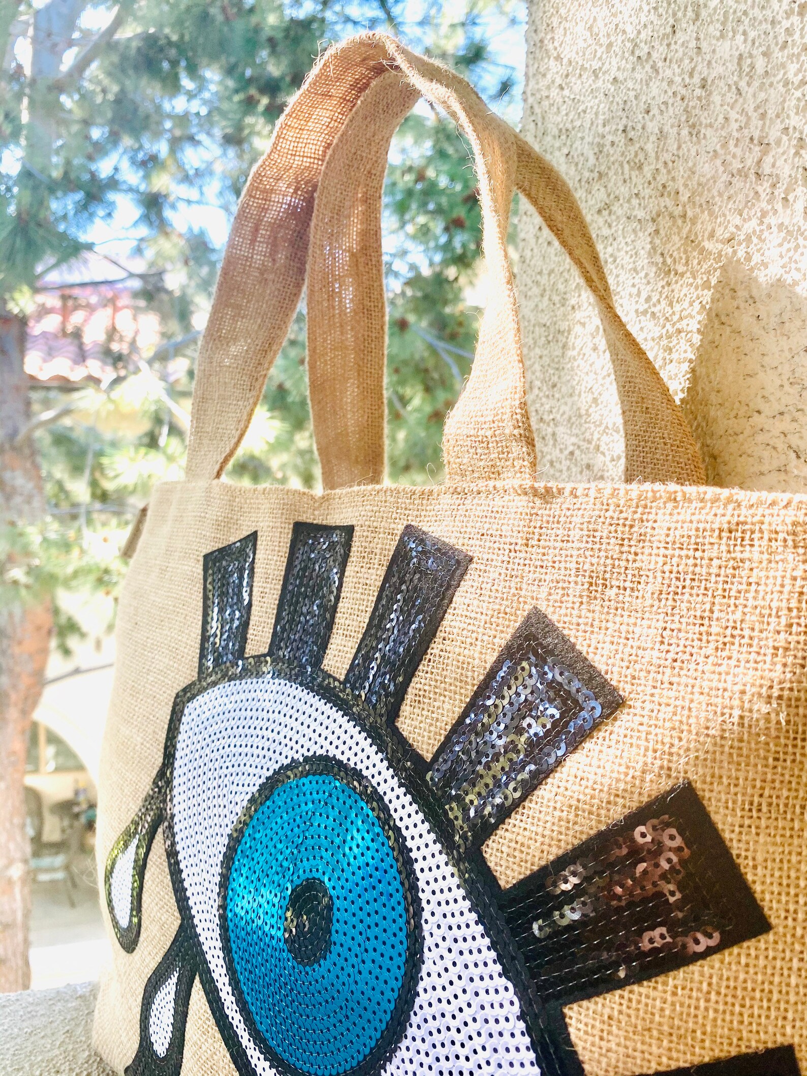 thumbnail image 2 of Evil Eye Tote Bag With Zipper - Waterproof Jute Beach Bag For Women 2 of 12