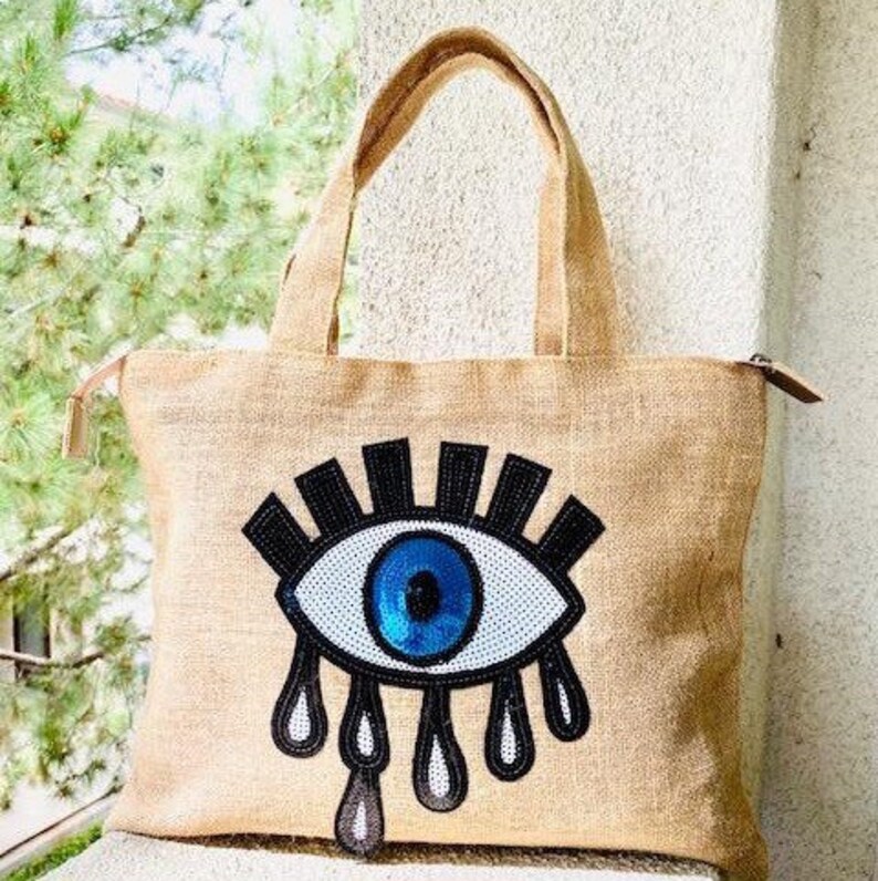 Evil Eye Beach Bag Eco Friendly Jute Totes Sustainable Jute | Etsy