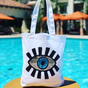 Baumwollbeutel aus Canvas, Nachhaltige Baumwolltaschen, Pailletten Evil Eye, Wickelbeutel flacher Boden, Schwere Canvas Tasche, Geschenk für Sie