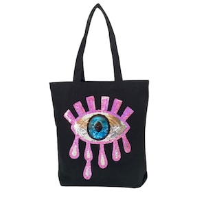 Evil Eye Canvas Tasche, Strandtasche, Gusset Bag, lange Henkel, Schultertasche, Schwarze Canvas Handtasche, Pailletten Evil Eye, Alltagstasche, Geschenk für Sie