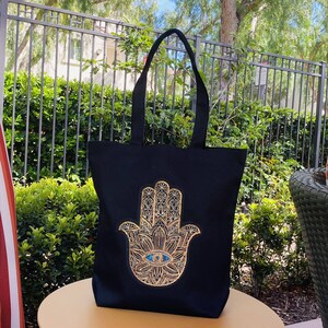 Henkeltasche aus Canvas, Hamsa Hand mit Auge, Schultergurt, Schwerer Canvas-Strand-Beutel, Gusset-Tasche, Lange Henkel Tote Bag, Geschenk für Sie