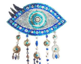 Evil Eye Sequin Patch with Dangles: Blue & Aqua Embroidered Applique