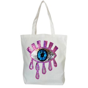 Canvas Tasche, Strandtasche für Frauen, Evil Eye Pailletten Aufnäher, Lange Tragetaschen, Pink Evil Eye Charm, Zwickeltasche, Flacher Boden, Geschenk für Sie