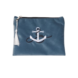 Samtbeutel, Handgemachte Clutch, Portemonnaie mit Reißverschluss, Maritime Kosmetiktasche, Anker Strandtasche, Frauen Kleine Geldbörse, Geschenk für Sie