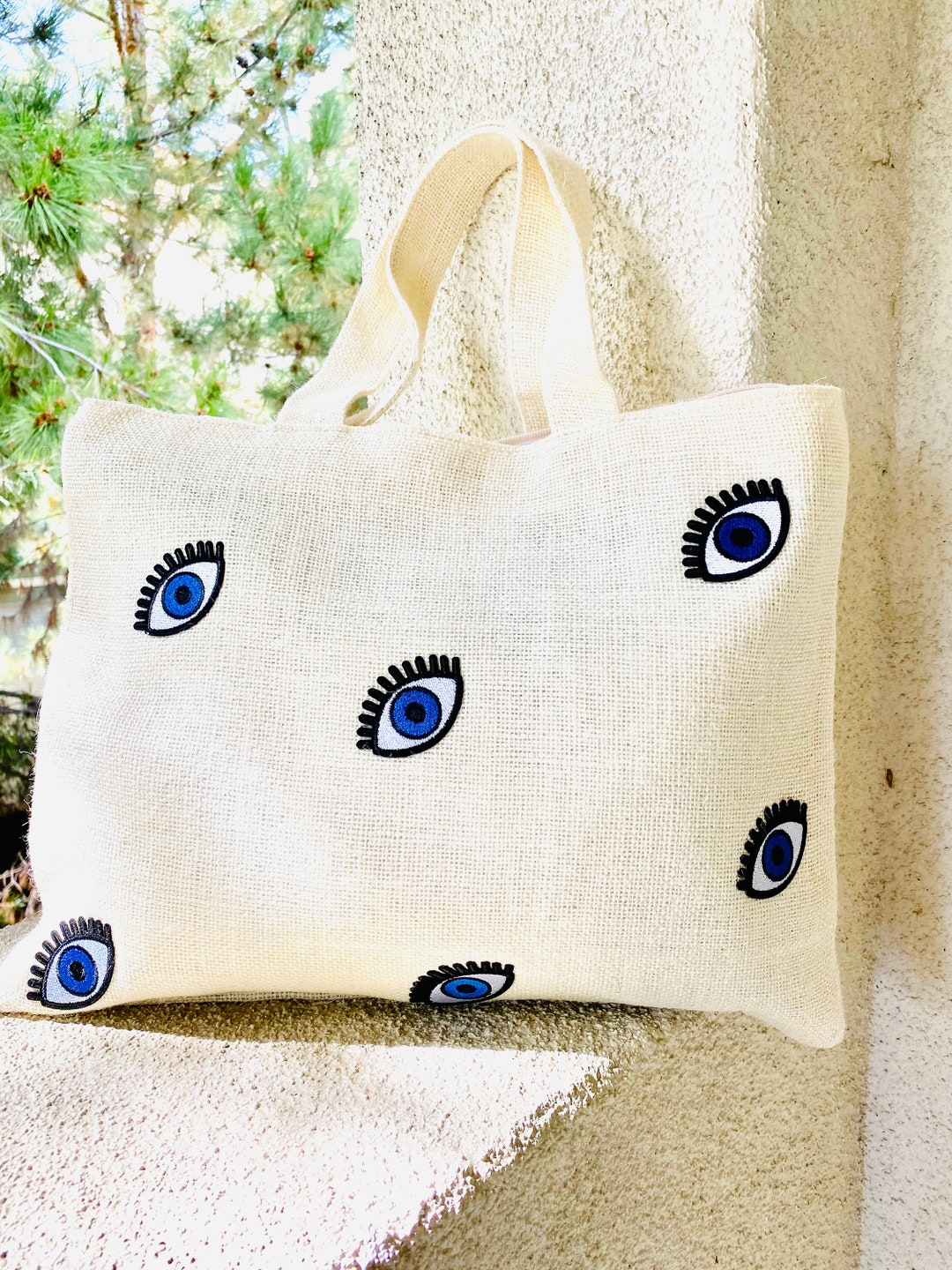 Sac de plage Evil Eye sacs ecologiques en jute sac en jute durable sac de plage week end sac de doublure impermeable cadeau pour elle sac de tous les jours Etsy France