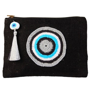 Evil Eye Pouch Bag, Zip Coin Purse, Jute Bag, Evil Eye Bag,  Pouch Bag For Women, Burlap Pouch, Crochet Bag, Make Up Bag, Black Coin Purse