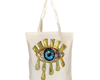 Evil Eye Tote, Canvas Bags Women, Beach Bag, White Canvas Bag, Eco Friendly Tote, Gold Sequins Tear, Everyday Bag, Gift For Her, White Color