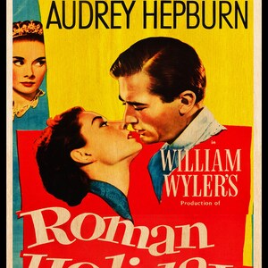 May include: Vintage movie poster for "Roman Holiday" featuring Gregory Peck and Audrey Hepburn. The poster has a yellow, red, and blue color scheme with images of the actors and the film's title.