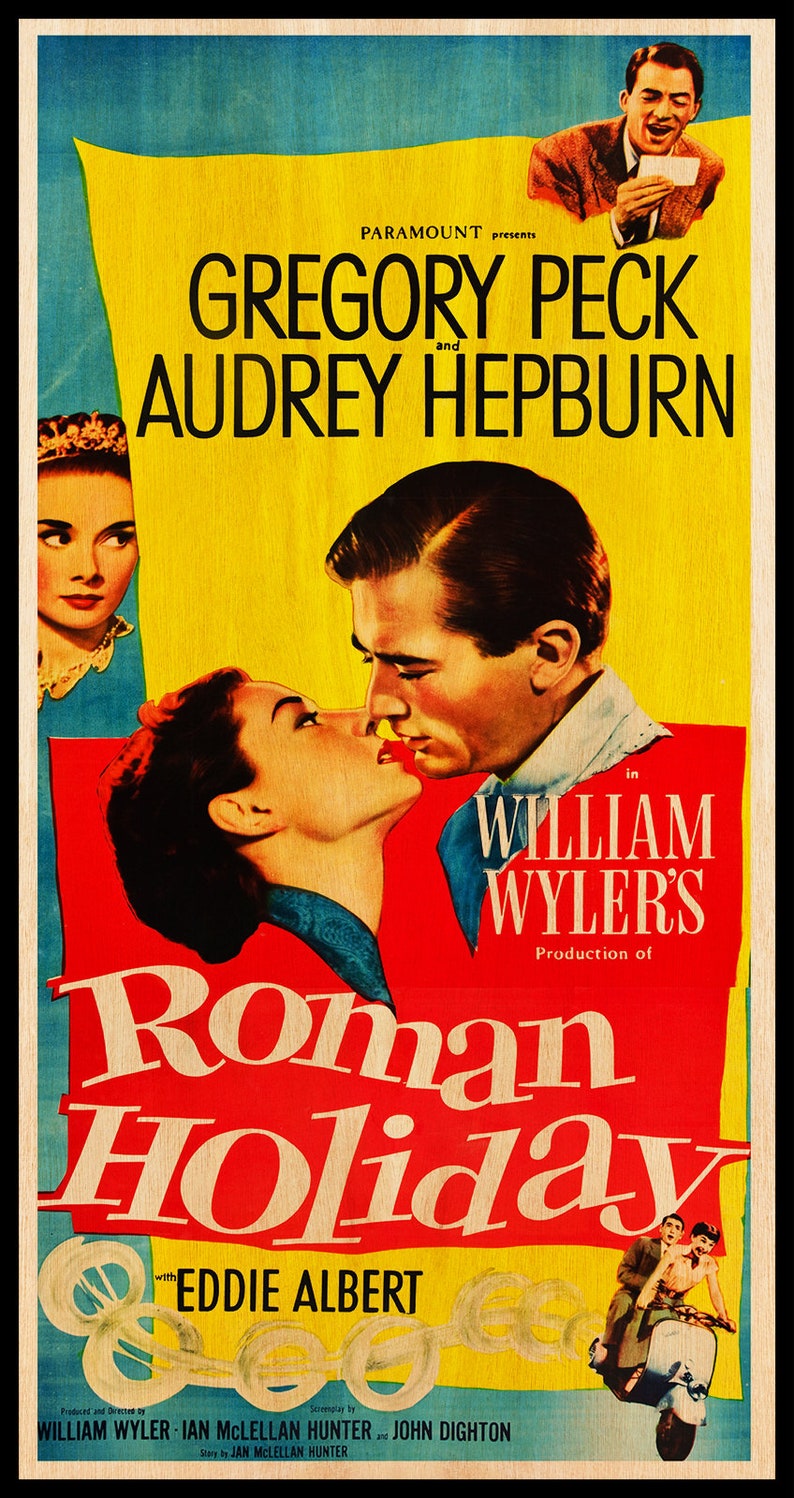 May include: Vintage movie poster for "Roman Holiday" featuring Gregory Peck and Audrey Hepburn. The poster has a yellow, red, and blue color scheme with images of the actors and the film's title.