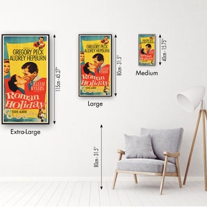 May include: Framed movie posters of "Roman Holiday" in various sizes. The extra-large poster is 45.27 inches tall, the large poster is 31.5 inches tall, and the medium poster is 15.75 inches tall. The posters feature Gregory Peck and Audrey Hepburn.