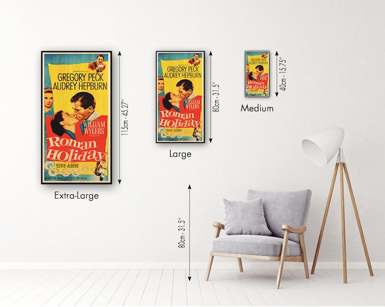 May include: Framed movie posters of "Roman Holiday" in various sizes. The extra-large poster is 45.27 inches tall, the large poster is 31.5 inches tall, and the medium poster is 15.75 inches tall. The posters feature Gregory Peck and Audrey Hepburn.