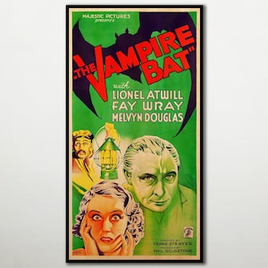 Könnte beinhalten: Ein Vintage-Filmplakat für The Vampire Bat mit einer großen schwarzen Fledermaussilhouette vor einem hellgrünen Hintergrund. Der Text lautet The Vampire Bat mit Lionel Atwill, Fay Wray und Melvyn Douglas, ergänzt durch Illustrationen eines Mannes und einer Frau.