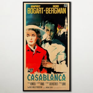 May include: A vintage film poster for the movie Casablanca, starring Humphrey Bogart and Ingrid Bergman. The poster is black and white with a red and yellow colour scheme. The text on the poster reads "Humphrey Bogart Ingrid Bergman Casablanca".