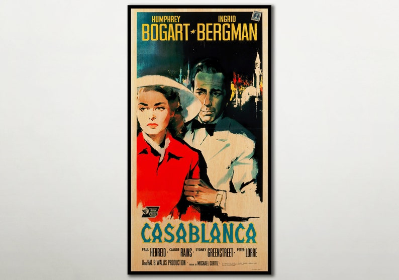 May include: A vintage film poster for the movie Casablanca, starring Humphrey Bogart and Ingrid Bergman. The poster is black and white with a red and yellow colour scheme. The text on the poster reads "Humphrey Bogart Ingrid Bergman Casablanca".