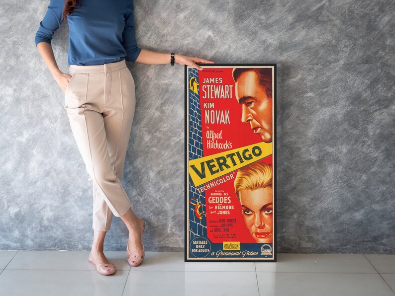 WOOD PRINT of "Vertigo" movie poster, Cinema movie posters on WOOD for the Alfred Hitchcock movie lover, James Stewart and Kim Novak movie image 4