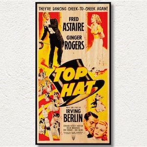 Top Hat Poster printed on WOOD, Extra large wall art film poster on WOOD for Fred Astaire lovers, Unique Gift for musical film collectors.