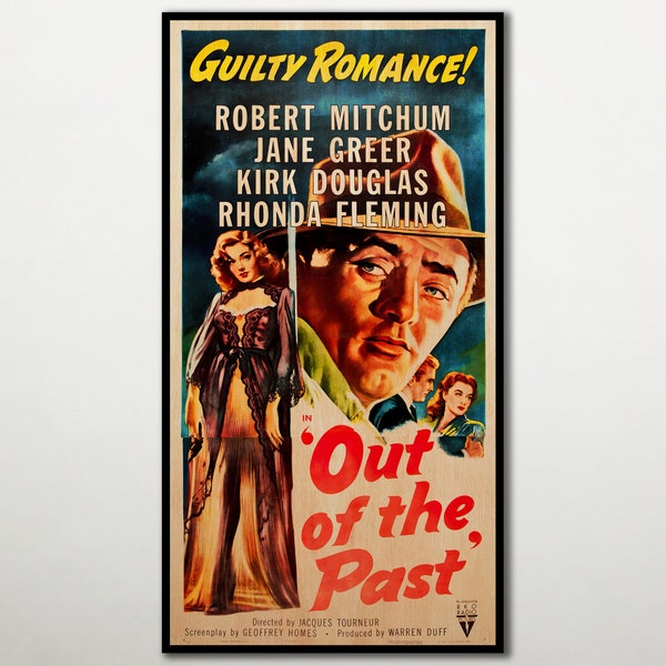 Out of the Past Extra großes HOLZDRUCK Poster, Fanart Krimi Filmposter auf HOLZ für den Robert Mitchum und Kirk Douglas Film Liebhaber