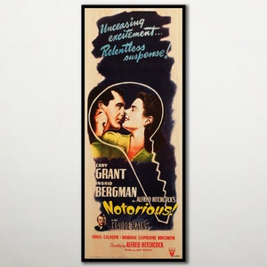 HOLZDRUCK eines Filmplakats von Notorious, Kinofilmplakaten auf HOLZ für Alfred Hitchcock Filmliebhaber, Cary Grant und Ingrid Bergman Geschenk.