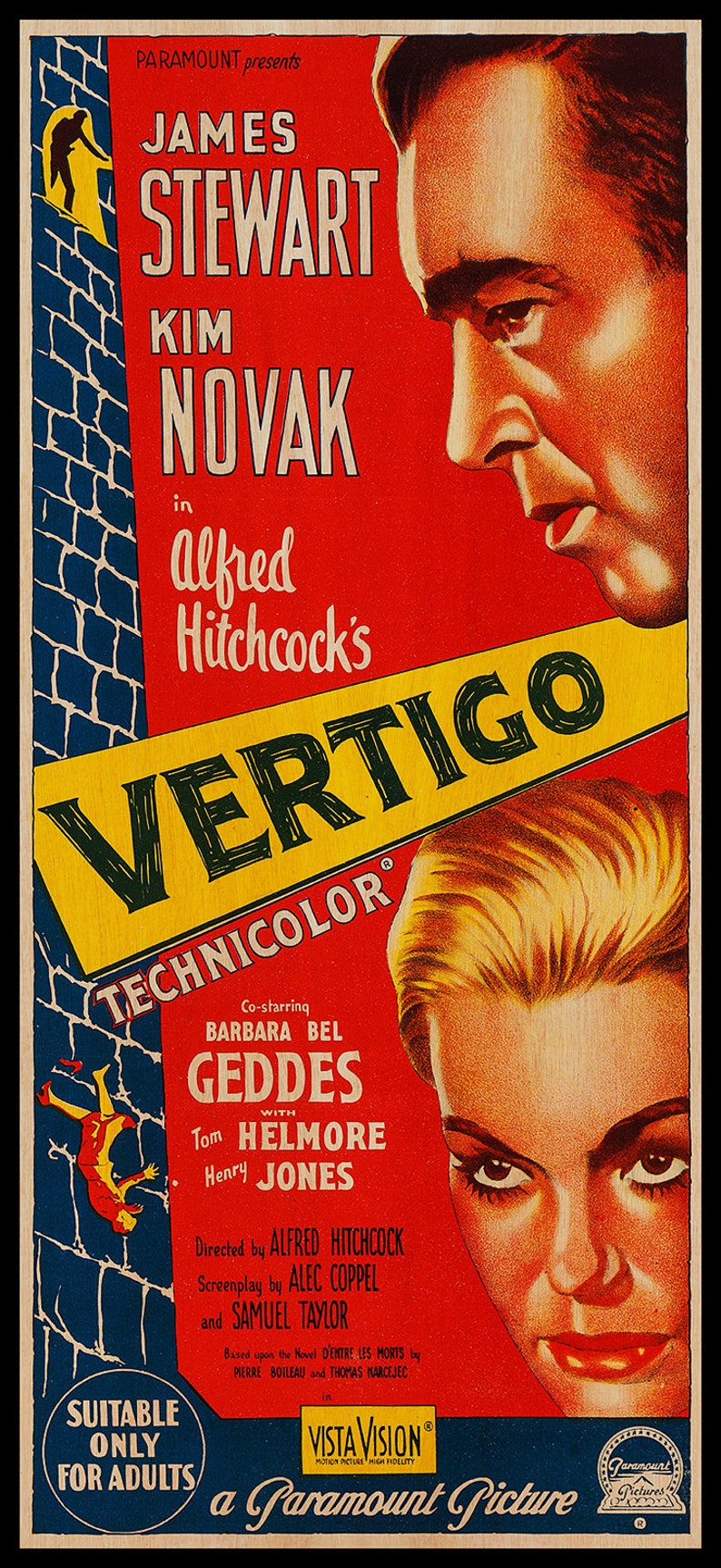 WOOD PRINT of "Vertigo" movie poster, Cinema movie posters on WOOD for the Alfred Hitchcock movie lover, James Stewart and Kim Novak movie image 2