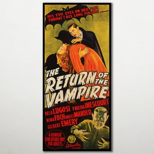 Puede incluir: Cartel de película vintage para la película de terror "El regreso del vampiro" con Bela Lugosi, Frieda Inescourt, Nina Foch, Miles Mander y Gilbert Emery. El cartel presenta una imagen en blanco y negro de Bela Lugosi como el vampiro, con un murciélago volando por encima. El cartel está amarillento por el paso del tiempo y tiene un esquema de color rojo y negro.
