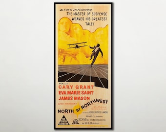 WOOD PRINT of "North by Northwest" movie poster, Cinema movie posters on WOOD for the Alfred Hitchcock movie lover, Cary Grant movie
