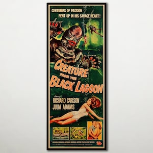 May include: A vintage film poster for the movie "Creature from the Black Lagoon". The poster features a green, scaly creature with sharp teeth and claws emerging from the water. The text on the poster reads "Creature from the Black Lagoon" and "Richard Carlson" and "Julia Adams".