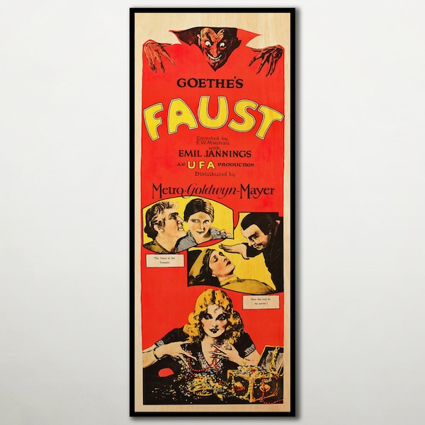 Faust WOOD poster, Amazing film poster for Goethe fans, Handmade Cinema poster for silent movies fans. Great gift for motion picture lovers.