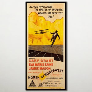 WOOD PRINT of &quot;North by Northwest&quot; movie poster, Cinema movie posters on WOOD for the Alfred Hitchcock movie lover, Cary Grant movie