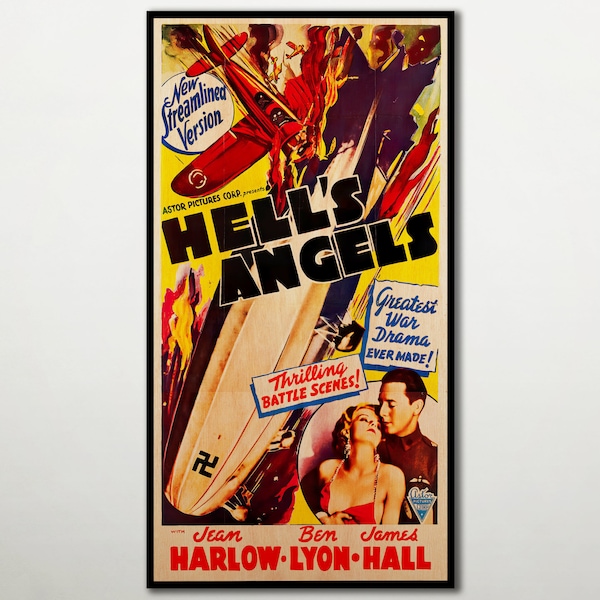 Hell's Angels Handmade WOOD PRINT, affiche de film de cinéma Fanart pour les fans de Howard Hughes, Ben Lyon et James Hall, affiche du film Aviation War WOOD