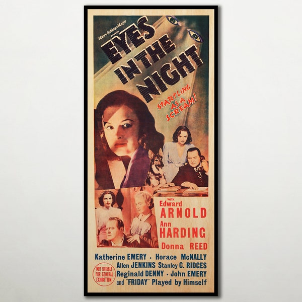 Eyes in the Night poster WOOD PRINT, Fanart cinema WOOD poster for Ann Harding movie spectators, Cool large special crime mystery print art.
