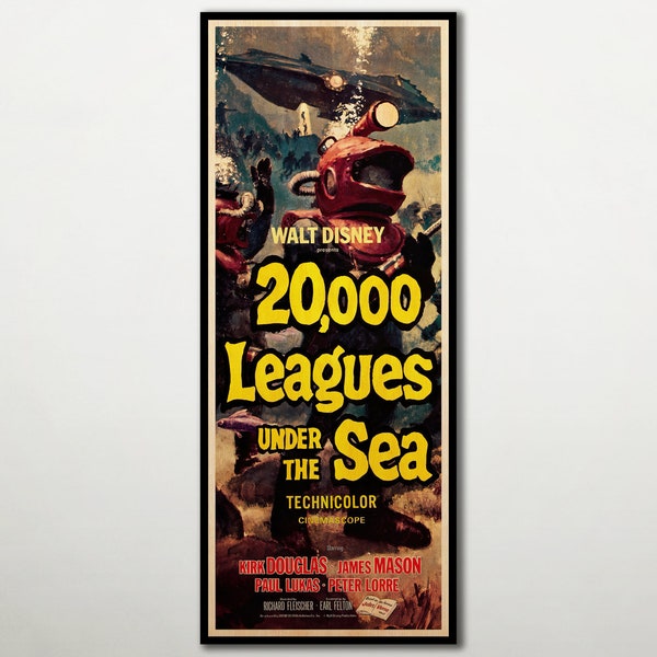 20.000 Leagues under the sea WOOD PRINT, Fanart cinema poster on WOOD for this Jules Verne movie lover, Extra large wall art poster.