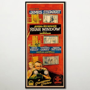 WOOD PRINT of &quot;Rear Window&quot; movie poster, Cinema movie posters on WOOD for Alfred Hitchcock movie lovers, James Stewart and Grace Kelly gift