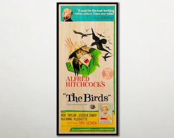 WOOD PRINT of "The Birds" movie poster, Cinema movie posters on WOOD for the Alfred Hitchcock movie lover, Extra large wall art film poster