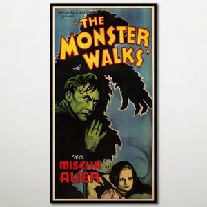 May include: A vintage movie poster for the film "The Monster Walks" featuring a black and white silhouette of a monster with a green-faced man and a young girl in the foreground. The poster is on a blue background with yellow text.
