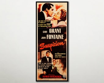 WOOD PRINT of "Suspicion" movie poster, Cinema movie gifts and posters on WOOD for Alfred Hitchcock movie fans, Cary Grant stunning gift.