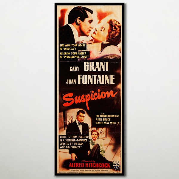 WOOD PRINT of "Suspicion" movie poster, Cinema movie gifts and posters on WOOD for Alfred Hitchcock movie fans, Cary Grant stunning gift.