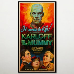 The Mummy HOLZDRUCK Poster, Fanart Kinofilmplakate auf HOLZ für den Boris Karloff Filmliebhaber, extra großer Wandkunstdruck. Große Leinwand