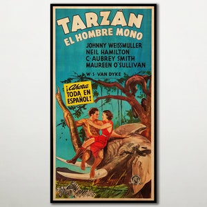 Tarzán, el hombre mono, póster extra grande en MADERA, carteles de películas de acción y aventuras Fanart en MADERA para los adictos a las películas de Johnny Weissmuller.
