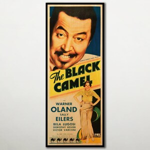 May include: A vintage movie poster for the film "The Black Camel" starring Warner Oland and Sally Eilers. The poster features a colorful design with a black camel and the title in yellow and green letters.