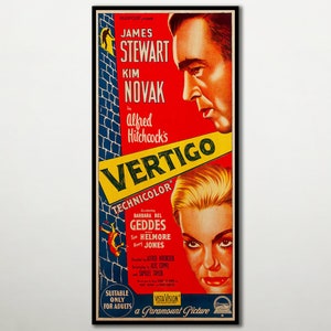 WOOD PRINT of "Vertigo" movie poster, Cinema movie posters on WOOD for the Alfred Hitchcock movie lover, James Stewart and Kim Novak movie image 1