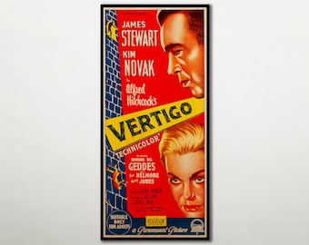 WOOD PRINT of "Vertigo" movie poster, Cinema movie posters on WOOD for the Alfred Hitchcock movie lover, James Stewart and Kim Novak movie