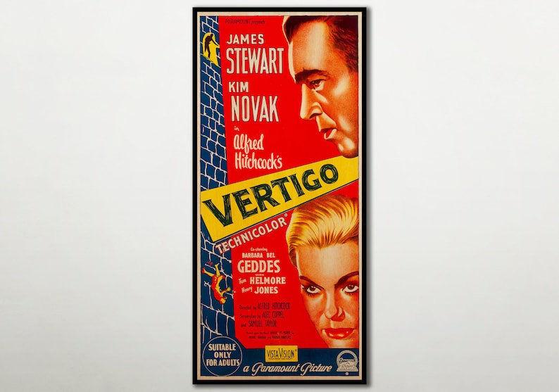 WOOD PRINT of "Vertigo" movie poster, Cinema movie posters on WOOD for the Alfred Hitchcock movie lover, James Stewart and Kim Novak movie image 1