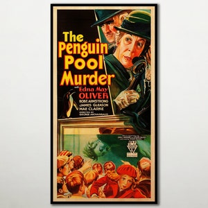 May include: A vintage movie poster for the film "The Penguin Pool Murder" featuring Edna May Oliver, a penguin, and a group of people looking at a penguin pool. The poster is in red, yellow, and blue colors.