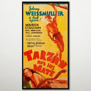Tarzán y su compañera Póster extra grande en MADERA, carteles de películas de aventuras anteriores al Código Fanart en MADERA para los fanáticos de las películas de Johnny Weissmuller.