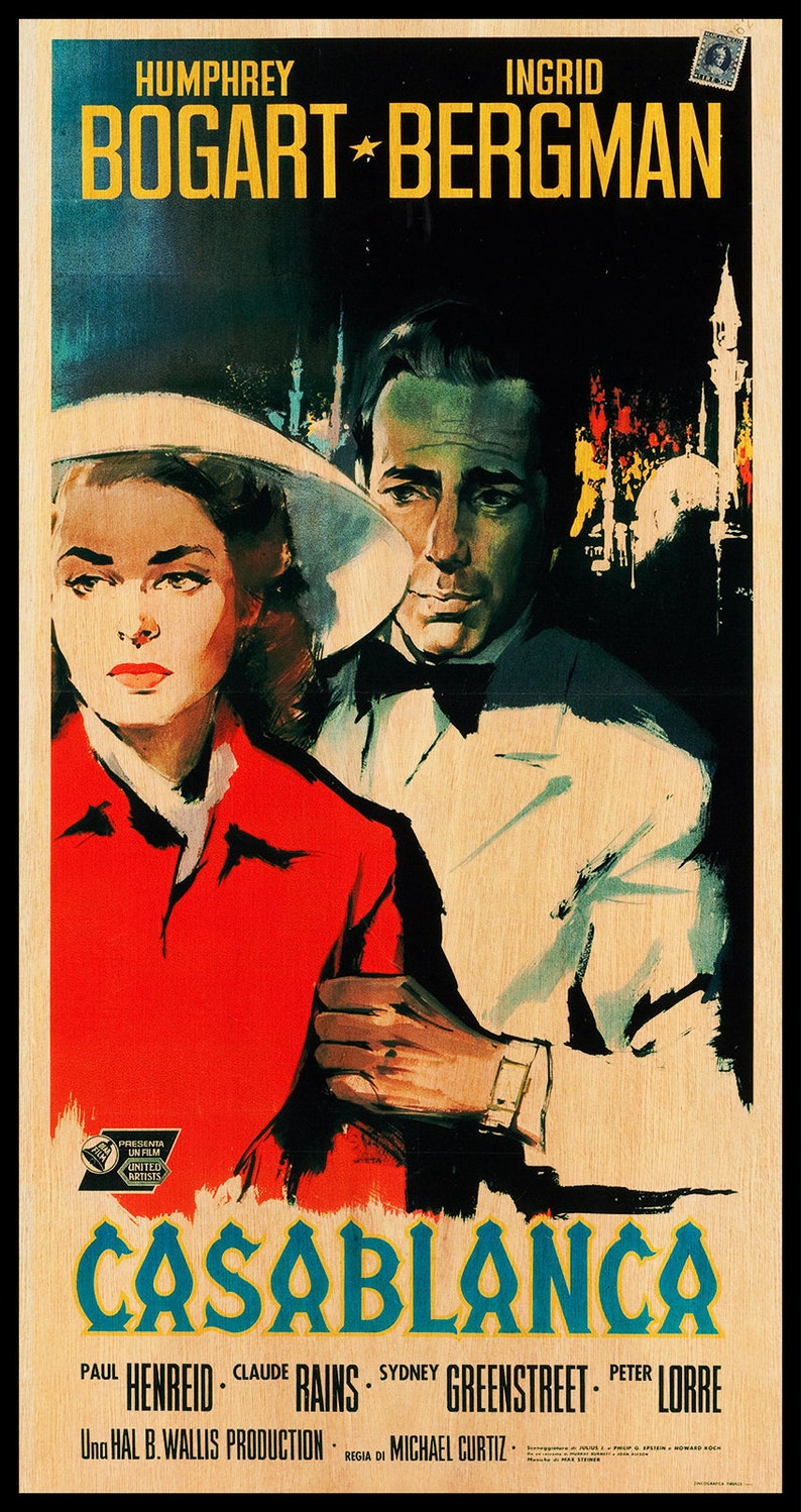 May include: A vintage film poster for the movie Casablanca, starring Humphrey Bogart and Ingrid Bergman. The poster is in a retro style with a yellow and black colour scheme. The text on the poster reads "Casablanca" with the names of the actors and the director below.
