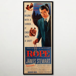 WOOD PRINT of "Rope" movie poster, Cinema movie prints and posters on WOOD for Alfred Hitchcock movie lovers, James Stewart stunning gift.