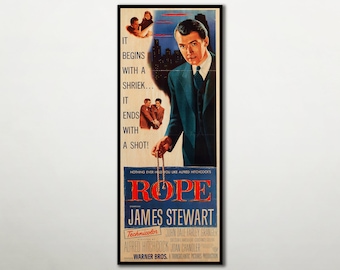 WOOD PRINT of "Rope" movie poster, Cinema movie prints and posters on WOOD for Alfred Hitchcock movie lovers, James Stewart stunning gift.