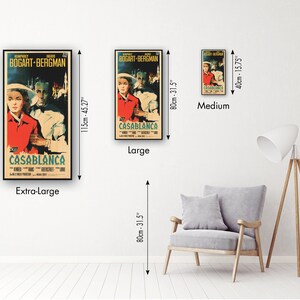 May include: A vintage movie poster for the film Casablanca featuring Humphrey Bogart and Ingrid Bergman. The poster is available in three sizes: extra-large (115cm by 45.27cm), large (80cm by 31.5cm), and medium (40cm by 15.75cm).